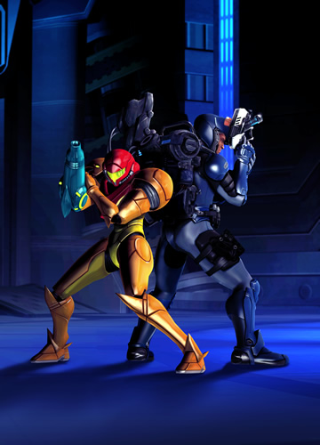 Samus back-to-back with her friend Anthony Higgs in Other M. Image from Metroid Recon.